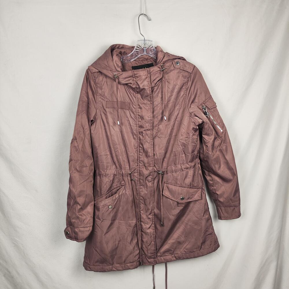 Madden NYC Jacket Womens XS Pink Hooded Anorak Full Zip Pockets Lined Drawstring